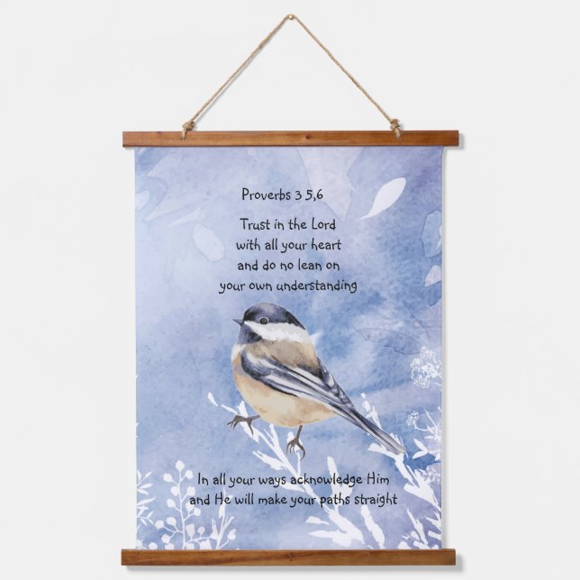 Wasserfarbe Chickadee Bird Bible Scripte Prov 3:4 Wandteppich Mit Holzrahmen (Vorderseite)