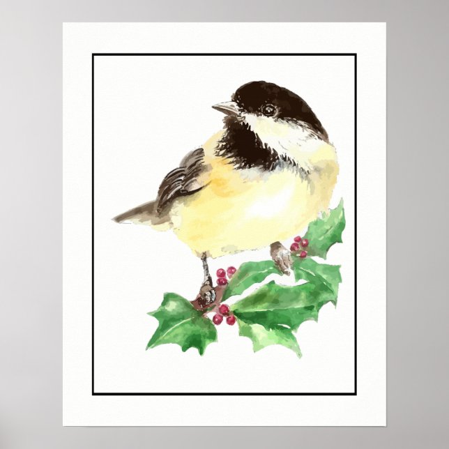 Wasserfarbe Chickadee Bird mit Holly Sprig Poster (Vorne)