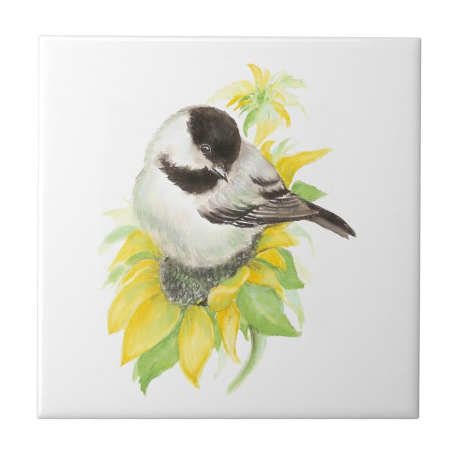 Wasserfarbe Chickadee Niedliche Vogelwelt Fliese (Vorderseite)