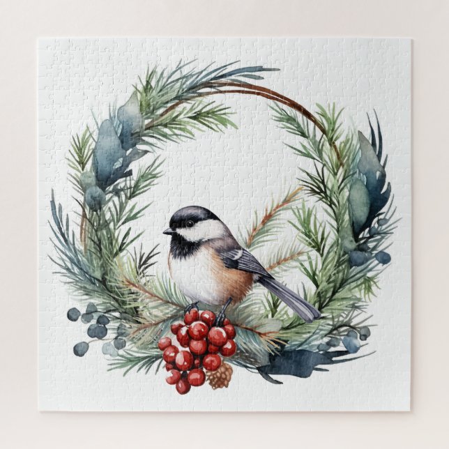 Wasserfarbe Chickadee Niedlicher Weihnachtsbär Puzzle (Vertikal)