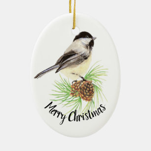 Wasserfarbe Chickadee Pine Cone Frohe Weihnachten Keramikornament