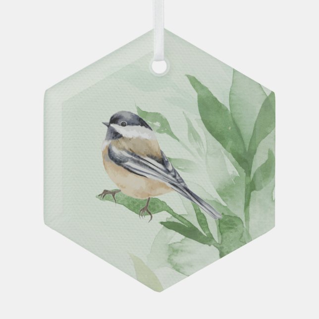 Wasserfarbe Chickadee Spring Willow Blätter Ornament Aus Glas (Vorderseite)