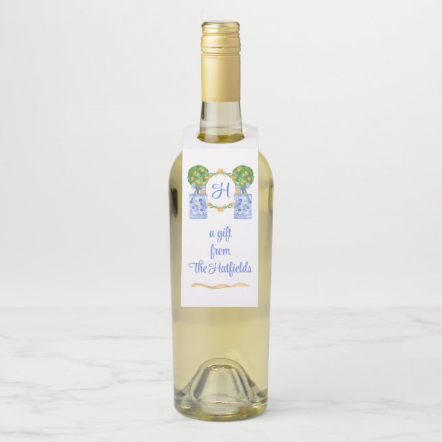 Wasserfarbe Chinoiserie Citrus Topiary Monogram Flaschenanhänger (Auf Flasche)