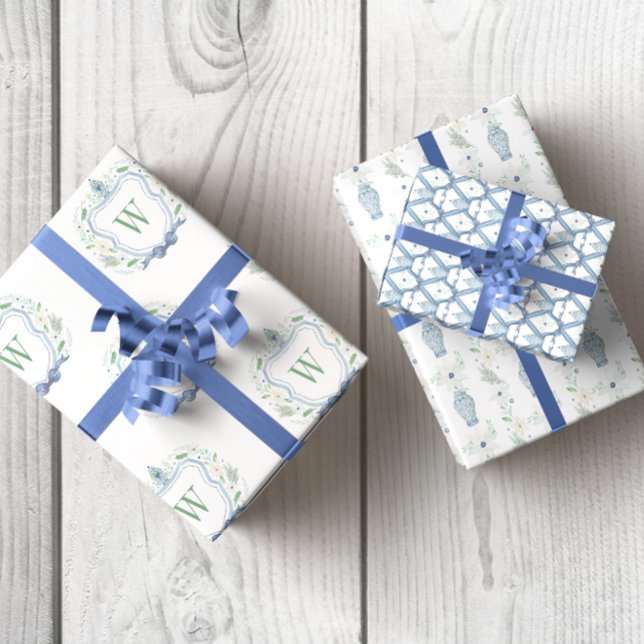 Wasserfarbe Chinoiserie Ginger Jars Wappen Geschenkpapier Set (Watercolor Chinoiserie Blue Ginger Jar Crest Wrapping Paper)