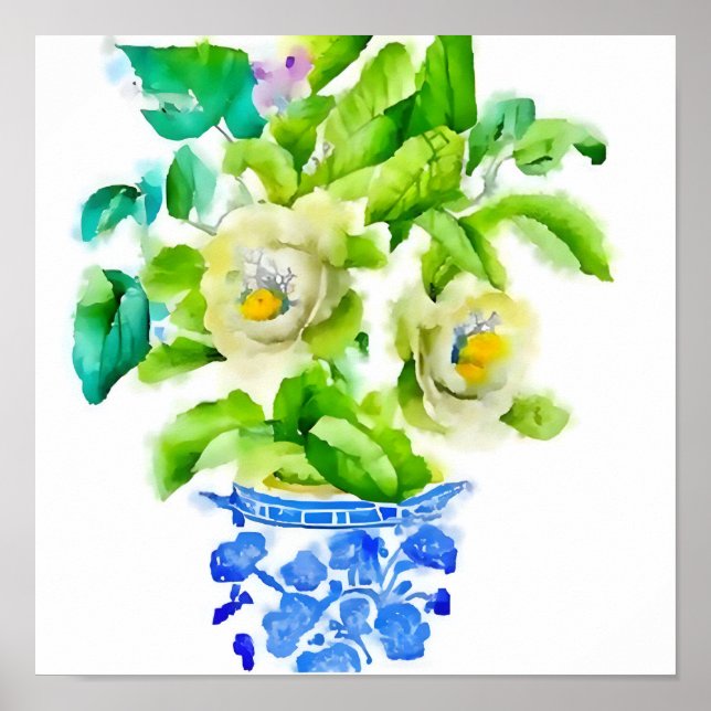 Wasserfarbe Chinoiserie Vase mit Blume Poster (Vorne)