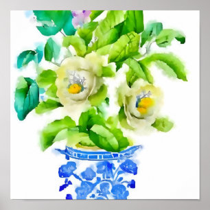 Wasserfarbe Chinoiserie Vase mit Blume Poster