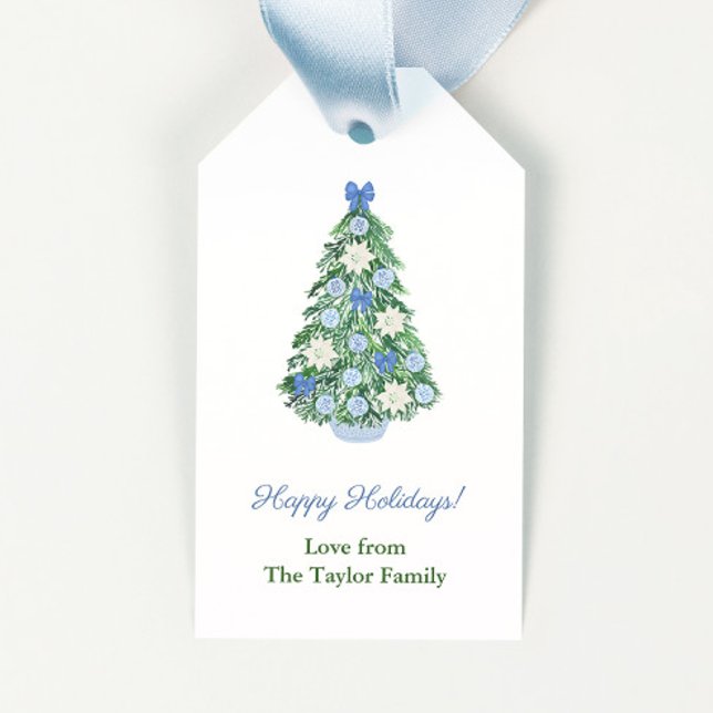 Wasserfarbe Chinoiserie Zitrone Tree Frohe Weihnac Geschenkanhänger (Christmas tree with maximalist ornate blue and white ornaments happy holidays gift tags)