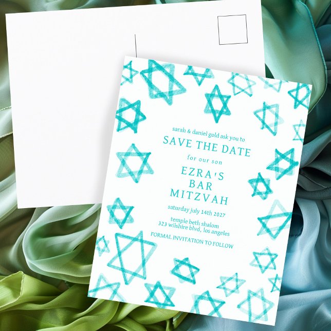 Wasserfarbe Cool Aqua Star von David Bar Bat Mitzv Ankündigungspostkarte (Watercolor Cool Aqua Star of David Bar Bat Mitzvah Save the Date Postcard
)