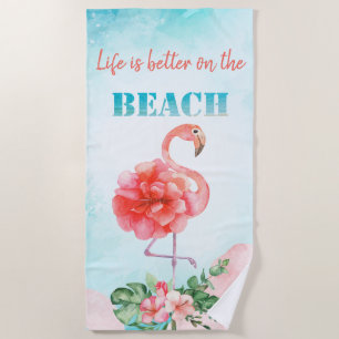 Wasserfarbe Cool Rosa Flamingo Tropische Blume Strandtuch