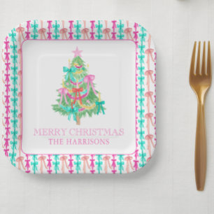 Wasserfarbe Coquette Bow Weihnachtsbaum Pappteller