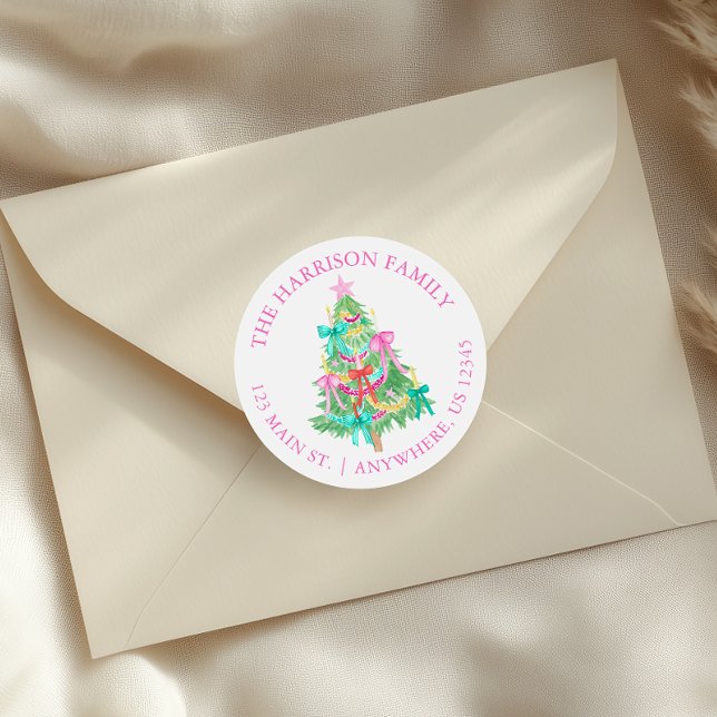 Wasserfarbe Coquette Bows Weihnachtsbaum Adresse Runder Aufkleber (Von Creator hochgeladen)