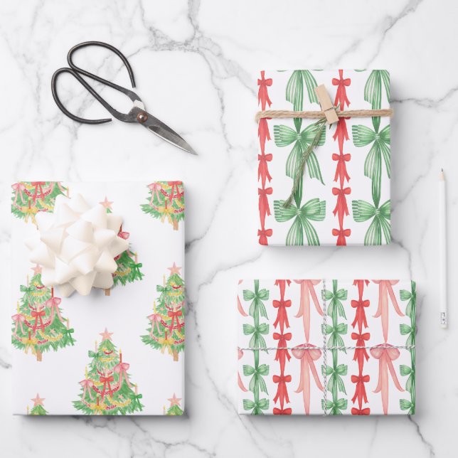 Wasserfarbe Coquette Bows Weihnachtsbaum Geschenkpapier Set (Vorderseite)