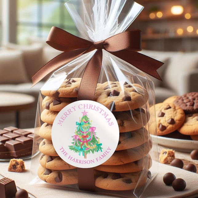 Wasserfarbe Coquette Bows Weihnachtsbaum Runder Aufkleber (Von Creator hochgeladen)