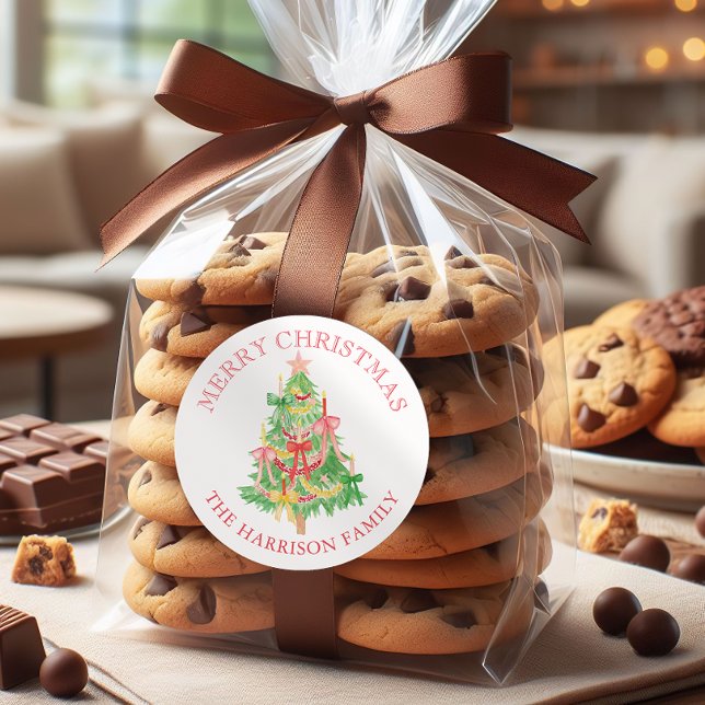 Wasserfarbe Coquette Bows Weihnachtsbaum Runder Aufkleber (Von Creator hochgeladen)