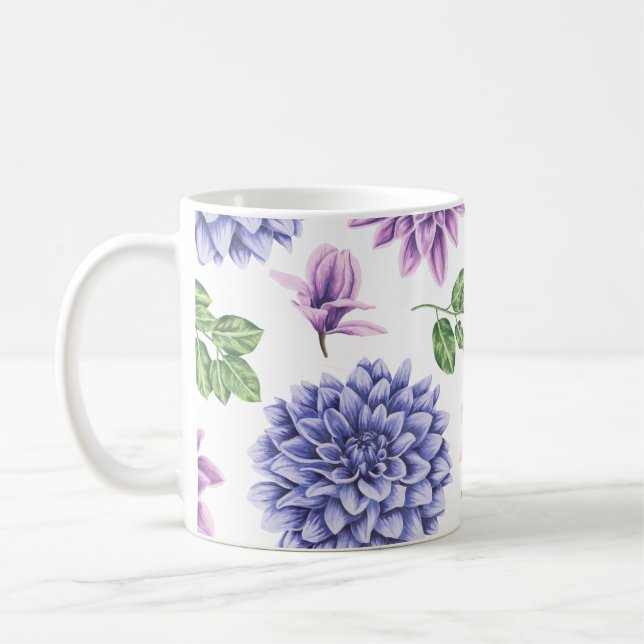 Wasserfarbe Dahlias Lila Blau Kaffeetasse (Links)