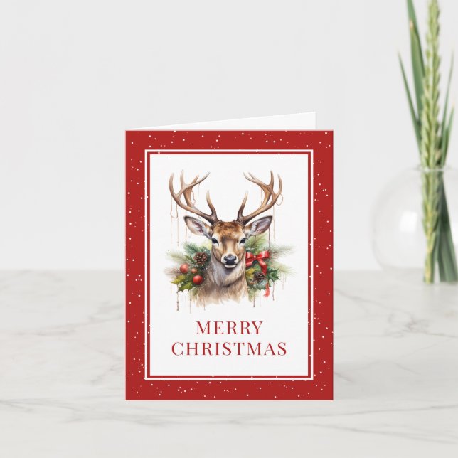 Wasserfarbe Deer Pine Holly Red Frohe Weihnachten (Vorderseite)