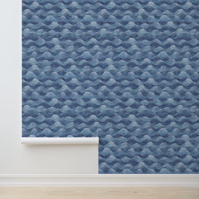 Wasserfarbe Denim Blue Gray Sea Waves Beach House Tapete (Anwendung)