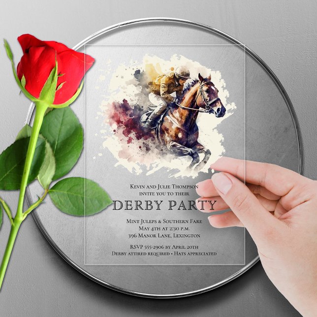 Wasserfarbe Derby Party Acryleinladungen (ACRYLIC clear or frosted watercolor racehorse Derby party invitations)