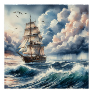 Wasserfarbe des Blue Ocean Wave Boat Poster