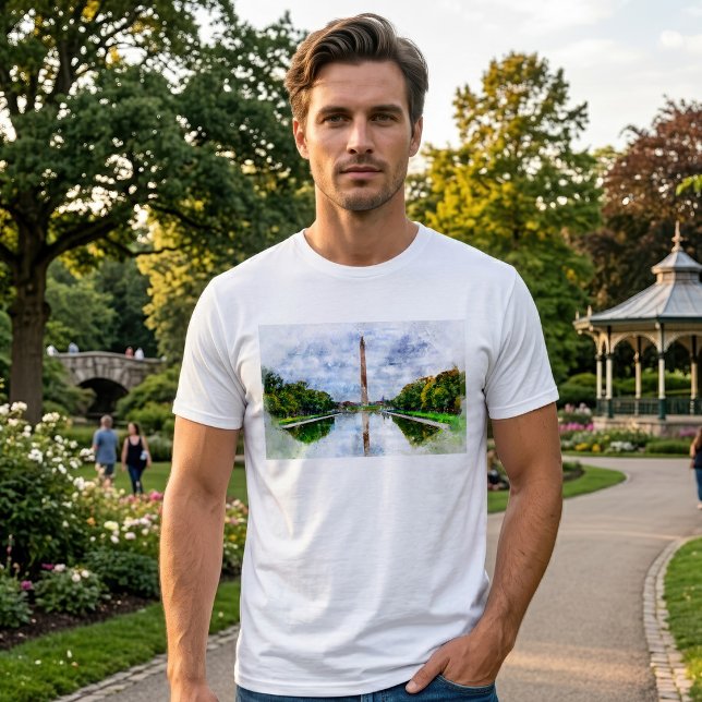 Wasserfarbe des Washington Monuments mit Reflektio T-Shirt (Washington Monument Watercolor with Reflection. Men Basic White T-Shirt)