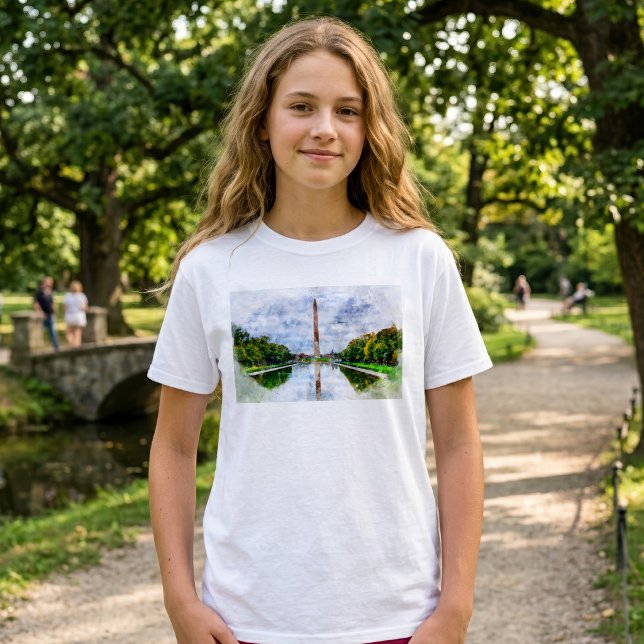 Wasserfarbe des Washington Monuments mit Reflektio T-Shirt (Washington Monument Watercolor with Reflection. Girl Basic White T-Shirt)
