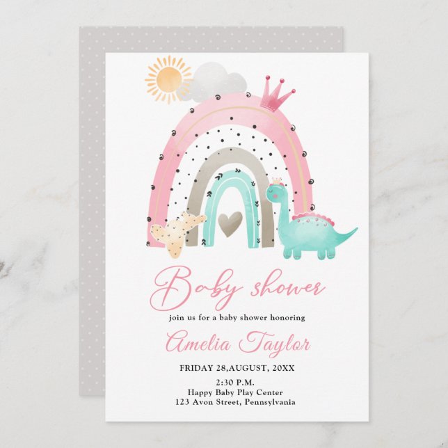 Wasserfarbe Dinosaurier Baby Girl Dino Babydusche  Einladung (Vorne/Hinten)