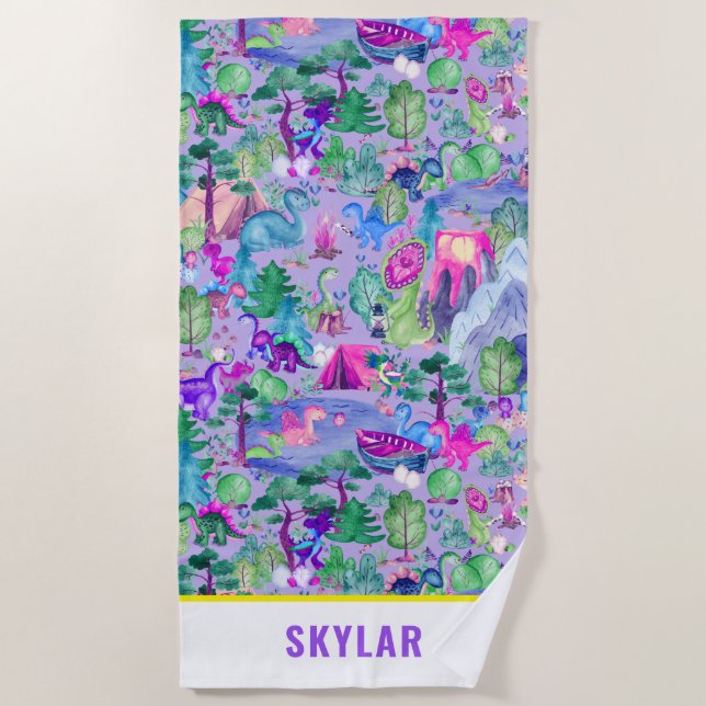 Wasserfarbe Dinosaurier Camping Kinder Personalisi Strandtuch (Vorderseite)