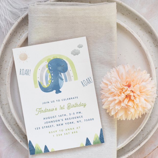 Wasserfarbe Dinosaurier & Rainbow Blue 1. Geburtst Einladung (Von Creator hochgeladen)