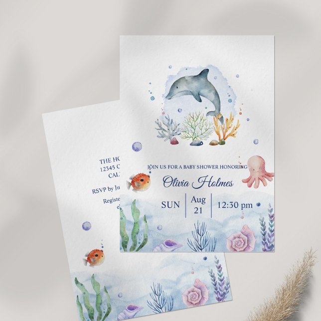 Wasserfarbe Dolphin Meereswelt Kinderdusche Einladung (Watercolor Dolphin Sealife Baby Shower Invitation on table)