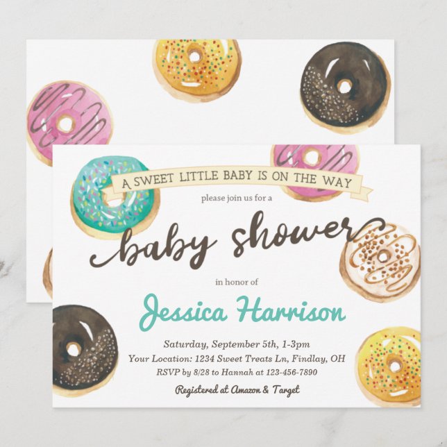 Wasserfarbe Donut Babydusche - GraphicLoveShop Einladung (Vorne/Hinten)