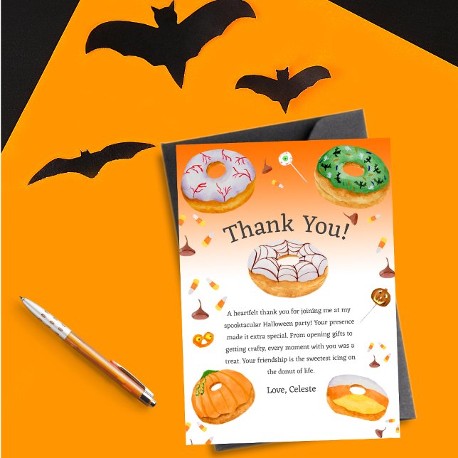 Wasserfarbe Donut leckeres Halloween Bonbon Danke Einladung (This cute Thank You Halloween note that you can change the message to whatever you would like!)