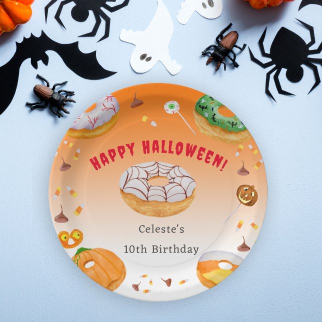 Wasserfarbe Donut leckeres Halloween Bonbon Danke Pappteller (A great Halloween paper plate to make your Halloween table festive! )