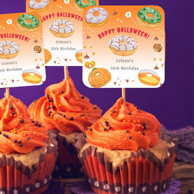 Wasserfarbe Donut leckeres Halloween Bonbon Danke Quadratischer Aufkleber (A great sticker to add to your Halloween Cupcakes, favor bags, candy bags.)