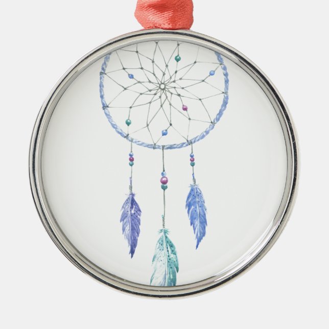 Wasserfarbe Dreamcatcher mit 3 Federn Silbernes Ornament (Vorne)