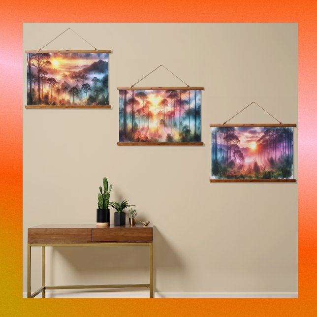 Wasserfarbe Dreamy Mistelwald bei Sonnenaufgang | Wandteppich Mit Holzrahmen (Von Creator hochgeladen)