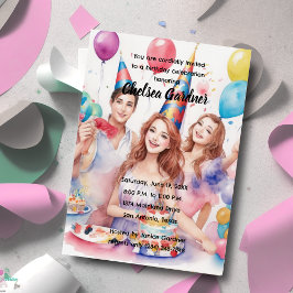 Wasserfarbe Drei junge Leute feiern Geburtstag Einladung