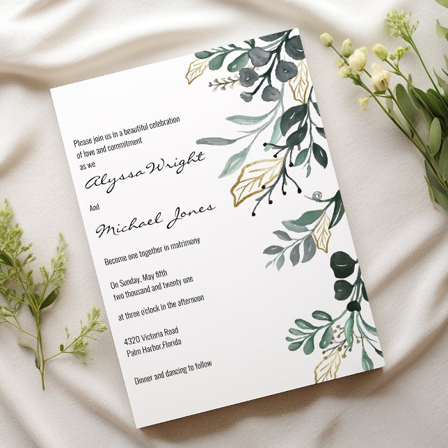 Wasserfarbe dunkelgrüne goldene Blattgold Hochzeit Einladung (Watercolor dark green gold botanic foliage Wedding )