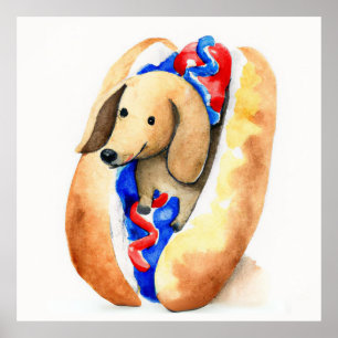 Wasserfarbe einer Dackel in einem Hot Dog Bun Poster