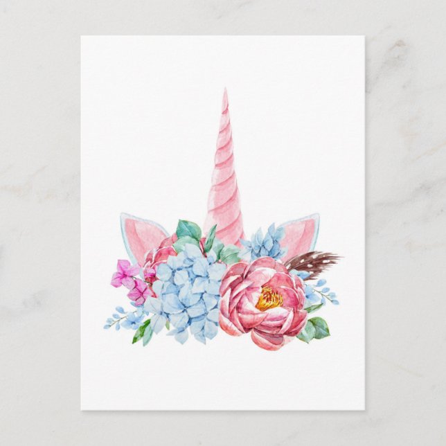 Wasserfarbe Einhorn Blumenkrone Postkarte (Vorderseite)