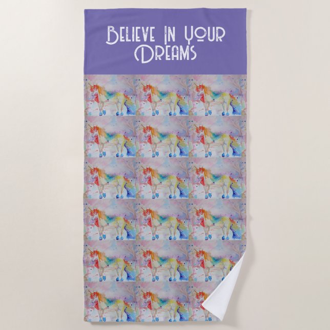Wasserfarbe Einhorn Kunst, Lila Dream Strandtuch (Vorderseite)