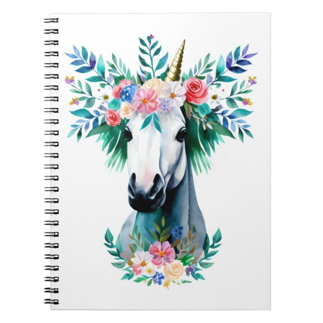 Wasserfarbe Einhorn mit Blume Krone Notizblock (Vorderseite)
