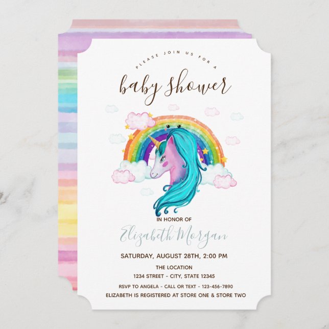 Wasserfarbe Einhorn Regenbogen Streifen Babydusche Einladung (Vorne/Hinten)