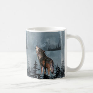 Wasserfarbe Einsame Wolf Howling über den See Kaffeetasse