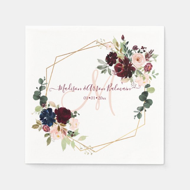 Wasserfarbe Elegant Blush Burgundy Monogramm Serviette (Vorderseite)