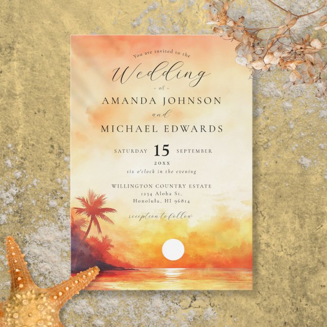 Wasserfarbe Elegante Orange Beach Sonnenuntergang  Einladung (Watercolor Elegant Orange Beach Sunset Wedding Invitation)
