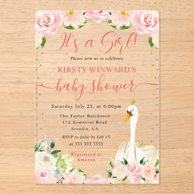 Wasserfarbe Elegante Schwanendusche Acryleinladungen (Vorderseite)