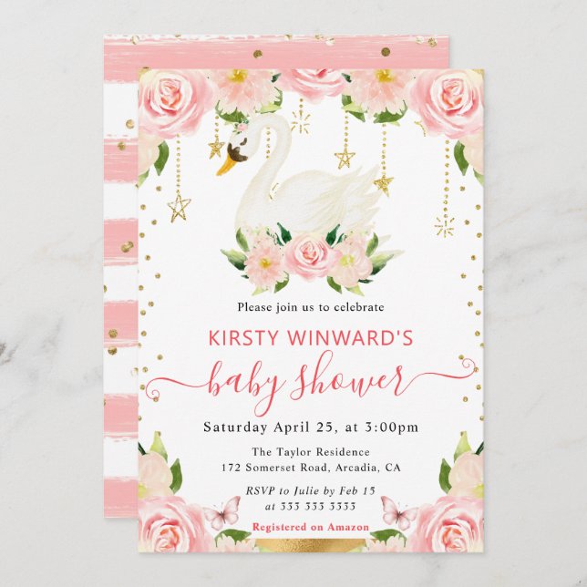 Wasserfarbe Elegante Schwanendusche Einladung (Vorne/Hinten)