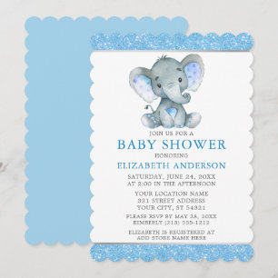 Wasserfarbe Elephant Blue Glitzer Babydusche Einladung
