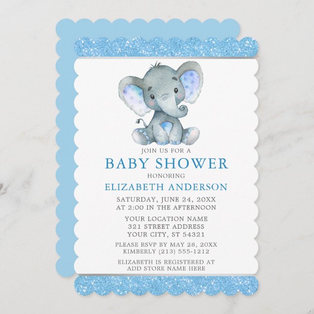 Wasserfarbe Elephant Blue Glitzer Babydusche Einladung (Vorne/Hinten)