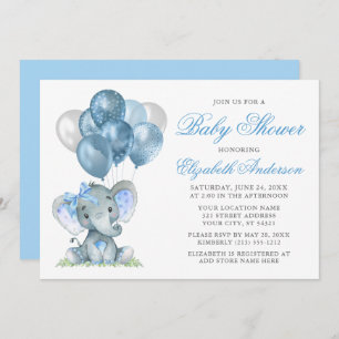 Wasserfarbe Elephant Bow Balloons Baby Dusche Blau Einladung